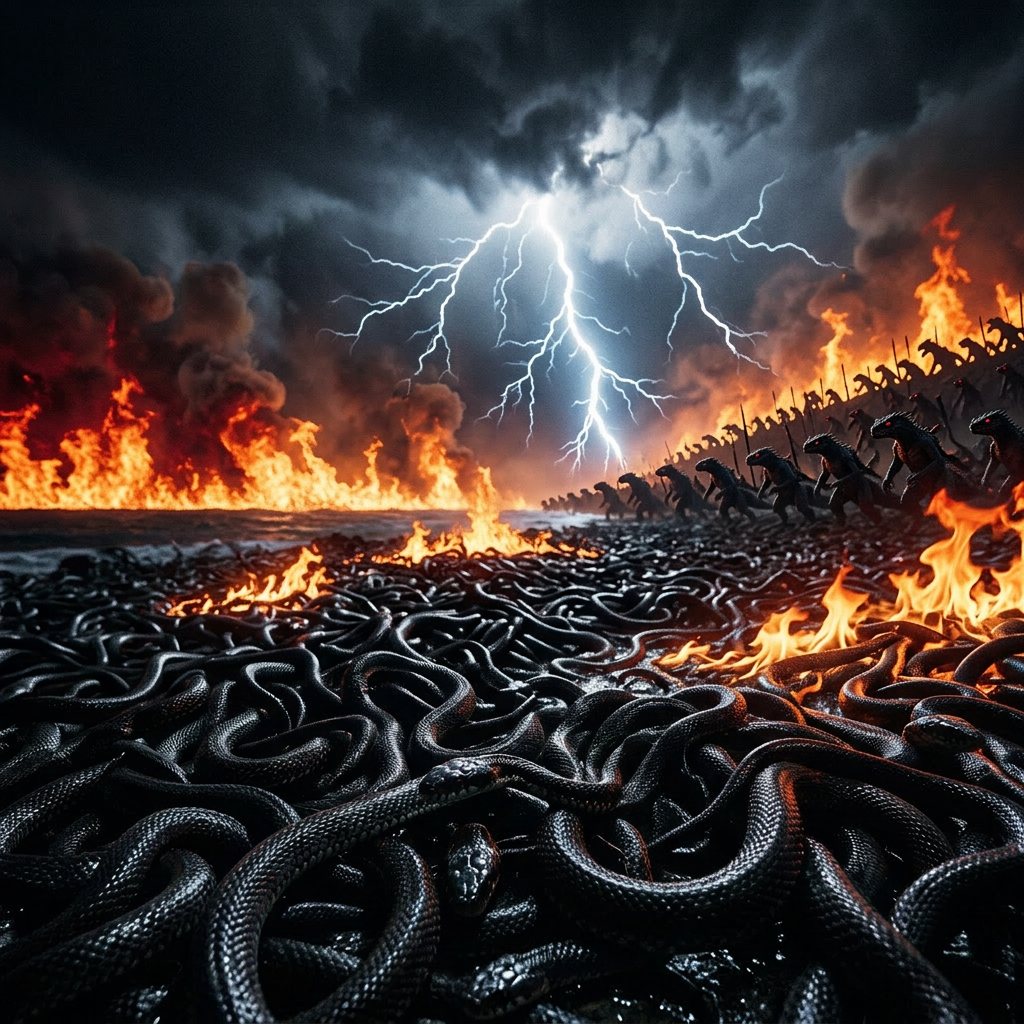 Large group of black snakes covering the ground beneath dark storm clouds with lightning